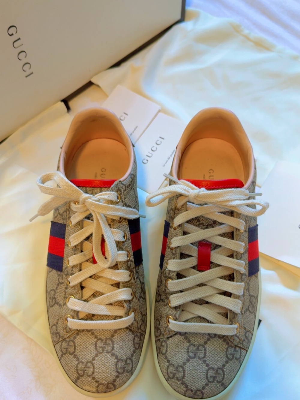 Gucci Beige GG Supreme Canvas Sneaker with Red & Blue Web